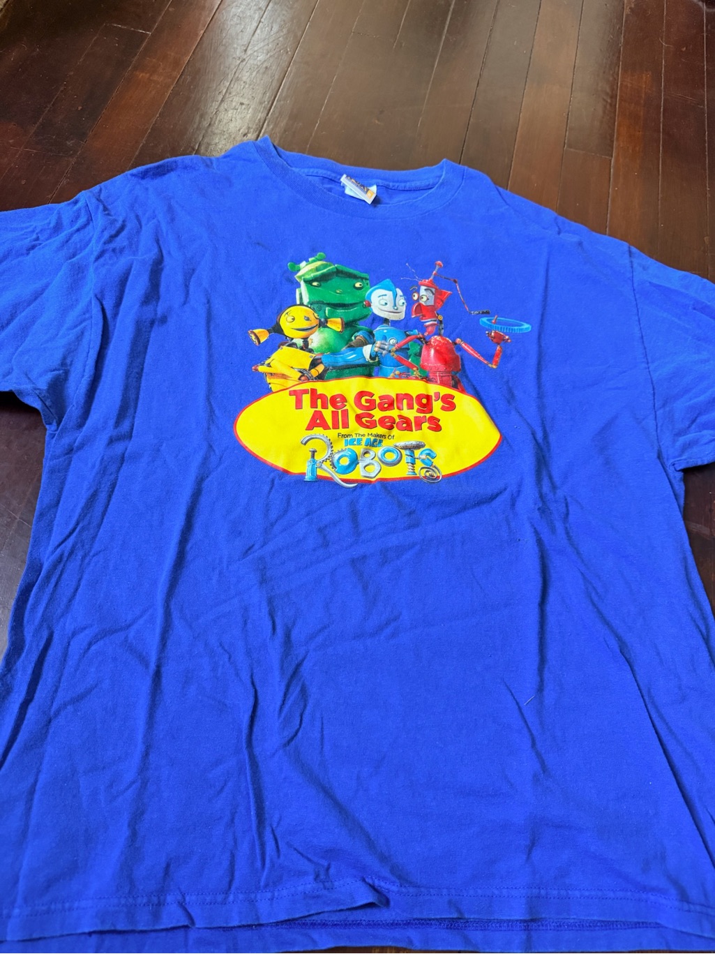 Vintage 2005 Bright Blue 'The Gang's All Gears' Robots Graphic Tee